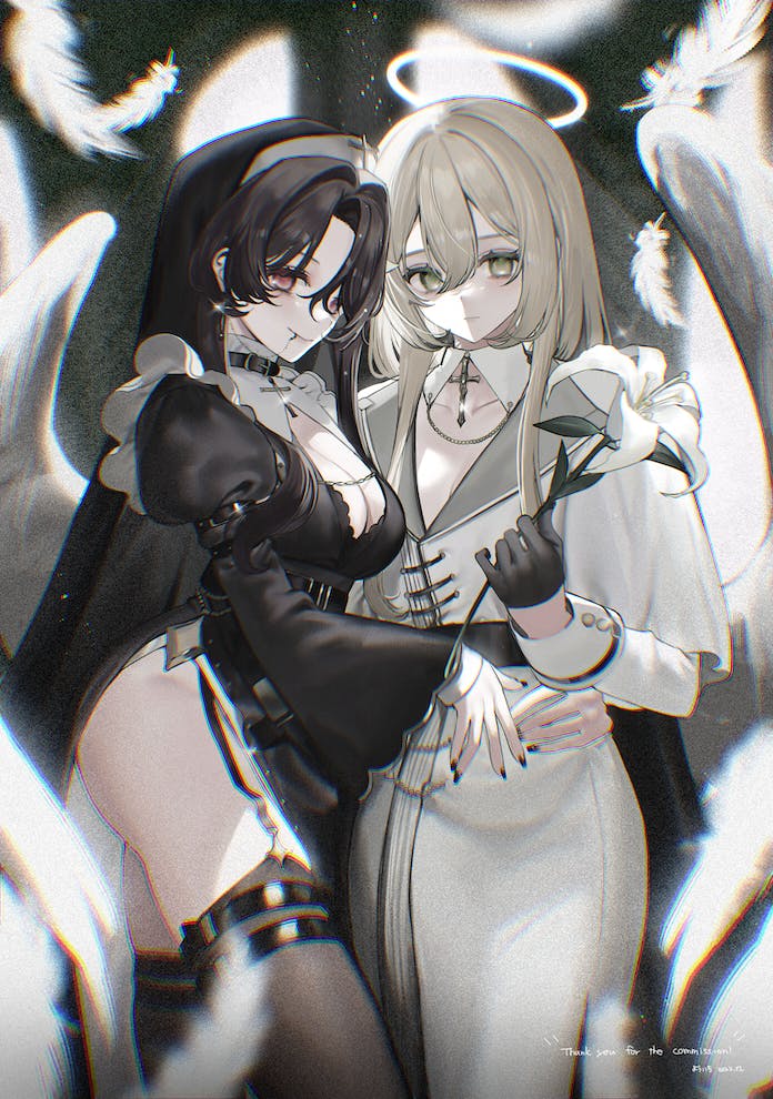 2girls arm_around_waist belt belt_buckle belt_collar black_belt black_collar black_dress black_gloves black_hair black_headwear black_nails black_thighhighs blonde_hair breasts buckle chain_necklace chromatic_aberration cleavage cleavage_cutout closed_mouth clothing_cutout coif collar collarbone commentary commission cowboy_shot cross dress english_commentary expressionless feathers fingernails flower garter_straps glint gloves habit hair_between_eyes hair_intakes half_gloves halo hand_up holding holding_flower hug jewelry jpeg_artifacts latin_cross light_particles long_dress long_hair long_sleeves looking_at_viewer multiple_girls nail_polish necklace nun original pink_eyes side_slit sidelocks skeb_commission smile standing thank_you thighhighs veil waist_hug white_dress white_flower white_halo white_wings wide_sleeves wings yellow_eyes youichi_(45_01)