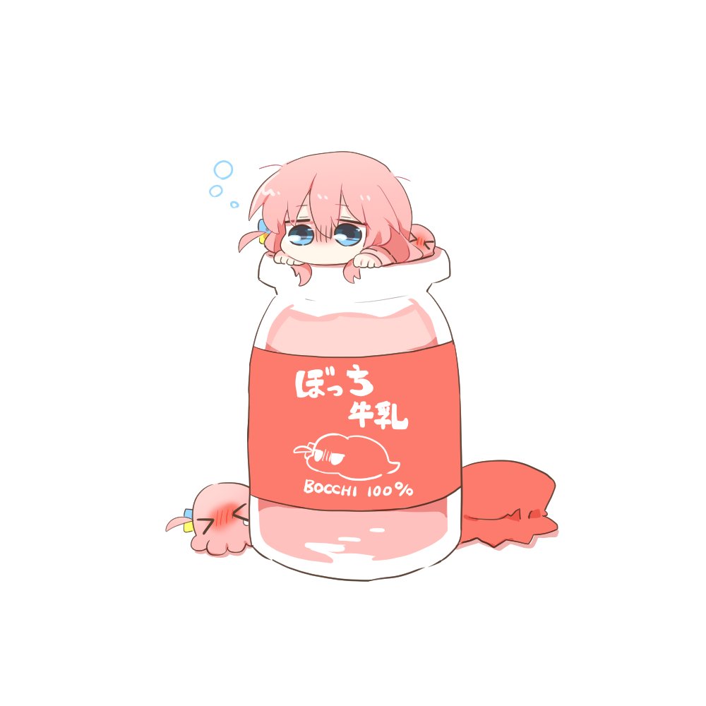 1girl blue_eyes bocchi_the_rock! bottle bubble character_name chibi gotoh_hitori gotoh_hitori_(octopus) gotoh_hitori_(tsuchinoko) hair_between_eyes hair_ornament in_bottle in_container long_hair milk_bottle mini_person minigirl one_side_up pink_hair rebecca_(keinelove) simple_background white_background