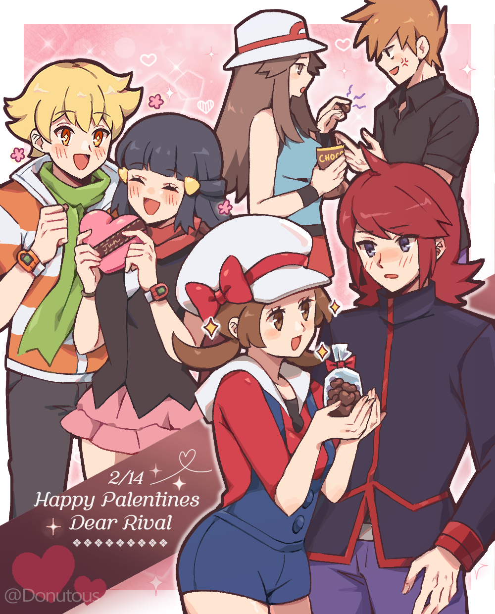 3boys 3girls barry_(pokemon) blonde_hair blue_oak blue_overalls blush brown_eyes brown_hair cabbie_hat candy chocolate closed_eyes dawn_(pokemon) donutous food green_scarf hat heart heart-shaped_chocolate hetero highres leaf_(pokemon) long_sleeves looking_at_another lyra_(pokemon) multiple_boys multiple_girls overalls pokemon pokemon_dppt pokemon_frlg pokemon_hgss poketch red_hair red_scarf scarf silver_(pokemon) sleeveless smile sparkle valentine watch wristwatch