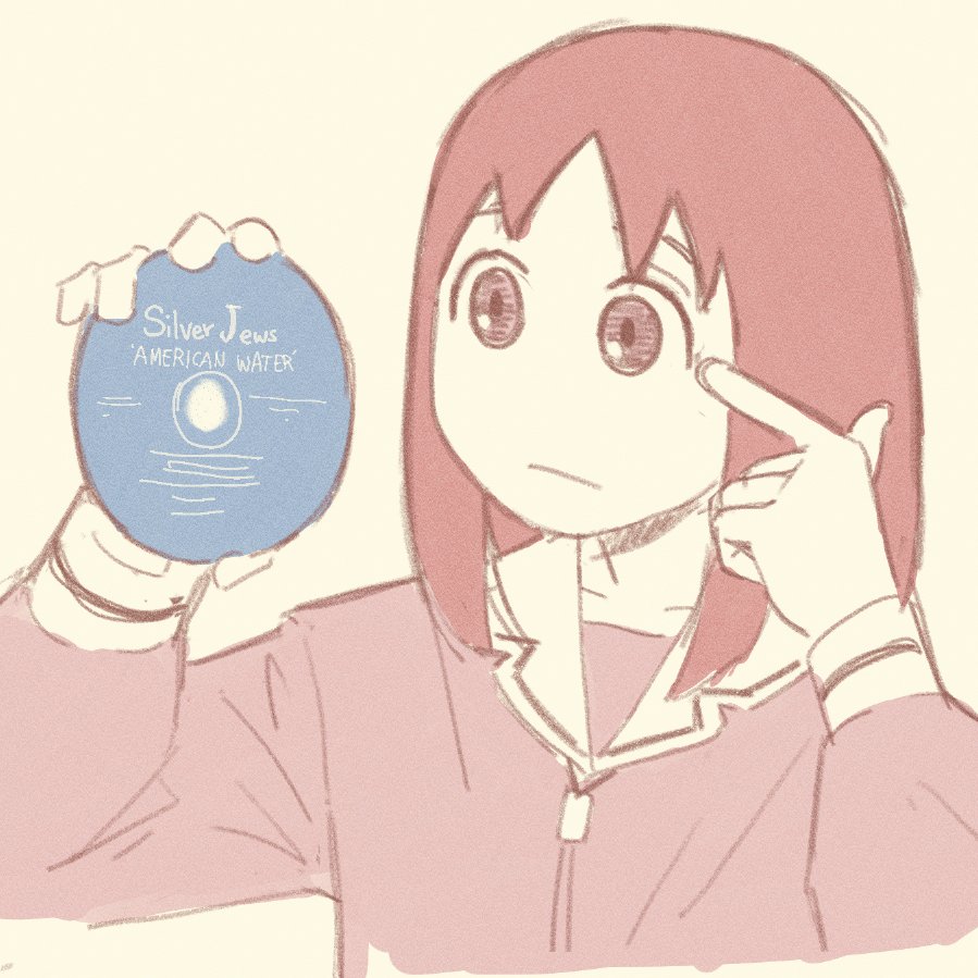 1girl azumanga_daioh azumanga_daioh's_school_uniform cd closed_mouth denkirk english_text hands_up holding_cd kasuga_ayumu long_sleeves medium_hair monochrome pink_theme sailor_collar school_uniform silver_jews simple_background solo spot_color tareme upper_body white_background