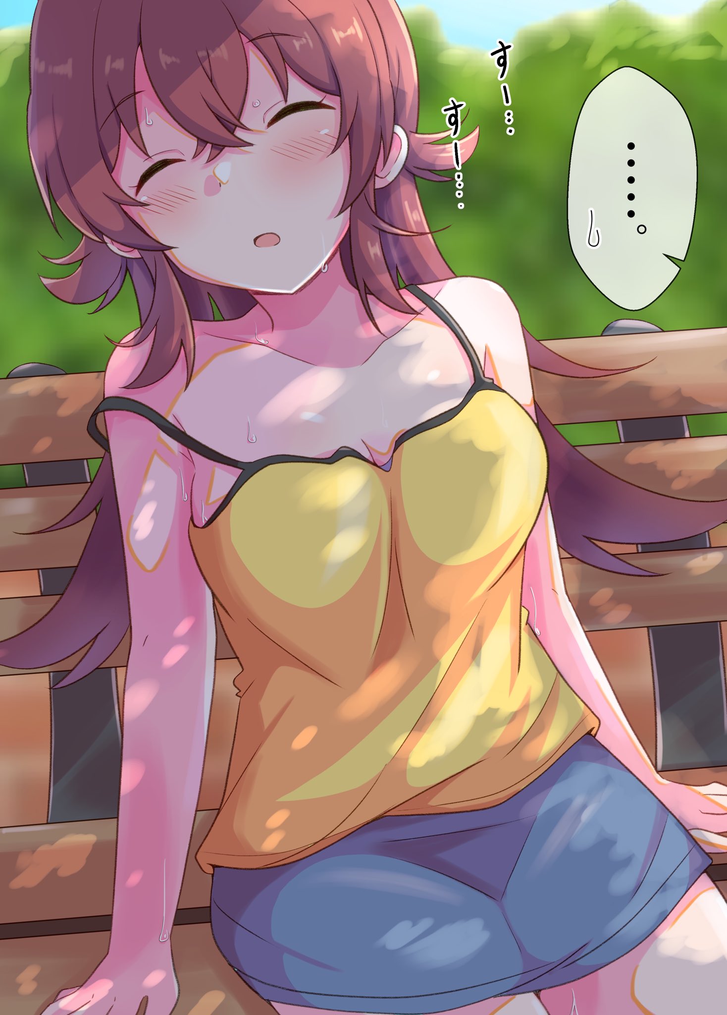 ... 1girl arm_support bench blue_skirt blue_sky blush breasts cleavage closed_eyes collarbone commentary_request day ginmugi hair_between_eyes hair_flaps highres idolmaster idolmaster_shiny_colors komiya_kaho large_breasts long_hair miniskirt no_bra outdoors park_bench parted_lips red_hair shadow shirt sidelocks sitting skirt sky sleeping solo spoken_ellipsis strap_slip sunlight sweat tank_top tree yellow_shirt