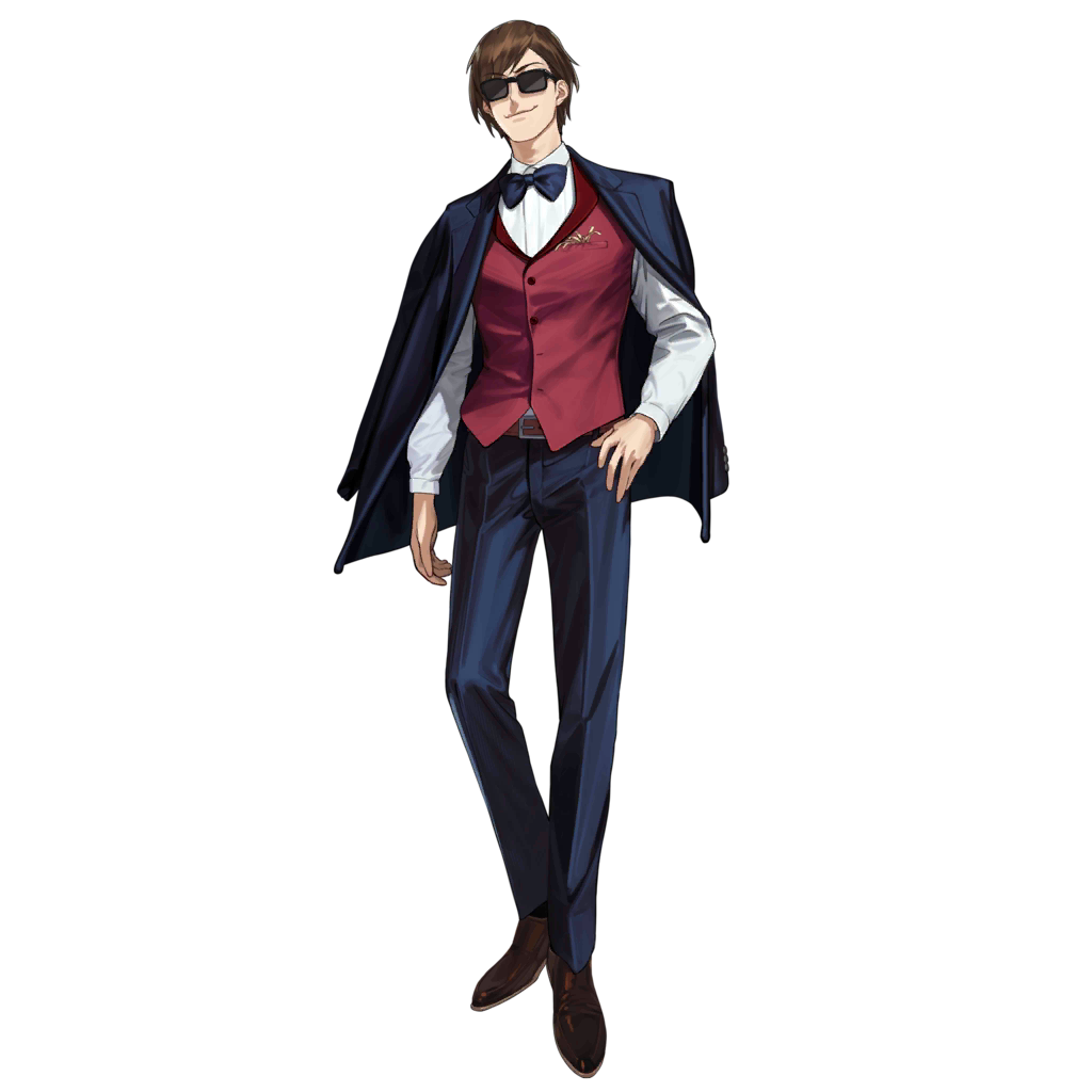 1boy artist_request belt black_bow black_bowtie black_jacket black_pants blazer bow bowtie brown_footwear brown_hair buttons closed_mouth collared_shirt crossover dress_shoes dried_squid facing_viewer food_in_pocket full_body girls'_frontline jacket jacket_on_shoulders long_sleeves male_focus official_art pants red_vest shirt short_hair simple_background smile solo standing sunglasses tatsumi_koutarou third-party_source transparent_background vest white_shirt zombie_land_saga