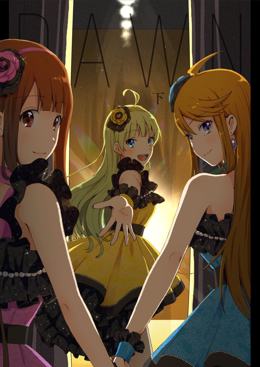 3girls ahoge beads beckoning black_sash blue_dress blue_eyes blue_flower blue_rose blue_wrist_cuffs blunt_bangs brown_eyes brown_hair closed_mouth commentary_request cover cover_page cowboy_shot curtains doujin_cover dress earrings english_text eyelashes feet_out_of_frame flower frilled_dress frilled_wrist_cuffs frills from_behind green_hair hair_flower hair_ornament hairband highres holding_hands idol idolmaster idolmaster_million_live! indoors jewelry long_hair looking_at_viewer looking_back mixed-language_text multiple_girls open_mouth outstretched_arm pink_dress pink_flower pink_rose pleated_dress purple_eyes rose sash shimabara_elena short_dress sidelocks sleeveless sleeveless_dress smile sphere_earrings spotlight stage straight_hair strapless strapless_dress tanaka_kotoha teeth tokoro_megumi wavy_hair witoi_(roa) wrist_cuffs yellow_dress yellow_flower yellow_hairband yellow_rose yellow_wrist_cuffs