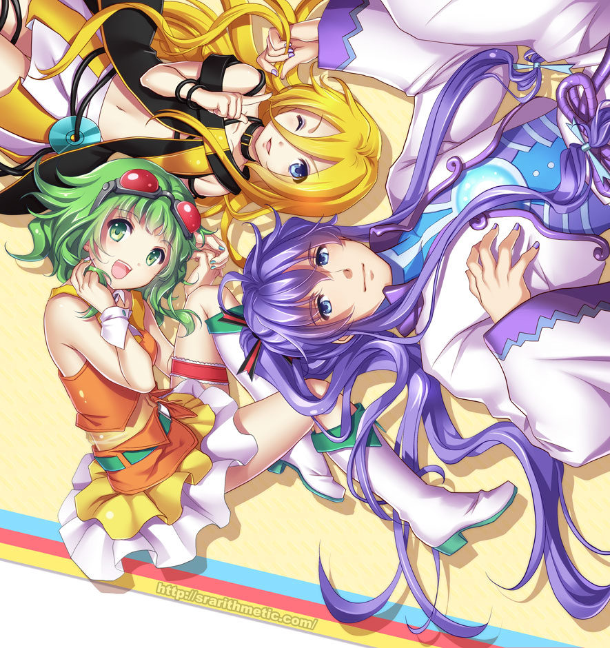 2girls ;) banned_artist bare_shoulders blonde_hair blue_eyes boots bracelet cd goggles goggles_on_headwear green_eyes green_hair gumi japanese_clothes jewelry kamui_gakupo knee_boots lily_(vocaloid) long_hair lying midriff multiple_girls nacht nail_polish navel on_back one_eye_closed ponytail purple_hair purple_nails smile thighlet vocaloid watermark white_footwear wrist_cuffs