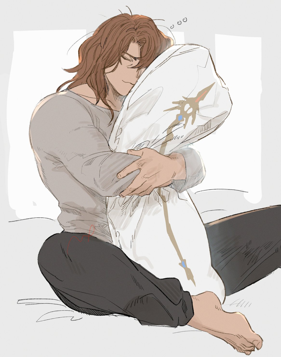 ... 1boy bara barefoot black_pants brown_hair closed_eyes closed_mouth granblue_fantasy grey_shirt highres hugging_object long_hair male_focus momimomi muscular muscular_male pants pillow pillow_hug shirt siegfried_(granblue_fantasy) simple_background sitting solo