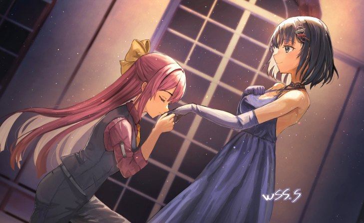 2girls black_pants black_vest blush bow breasts brown_eyes choker closed_eyes closed_mouth collared_shirt commentary_request cowboy_shot criss-cross_halter dim_lighting dress dress_shirt elbow_gloves gloves haguro_(kancolle) hair_ornament hairclip half_updo halter_dress halterneck hand_on_own_chest holding_hands indoors kamikaze_(kancolle) kantai_collection kiss kissing_hand lace lace_choker light_particles long_hair looking_at_another medium_breasts multiple_girls necktie night on_one_knee pants purple_dress purple_gloves red_hair red_shirt shirt short_hair signature sleeveless sleeveless_dress small_breasts vest wind window wss_(nicoseiga19993411) yellow_bow yellow_necktie