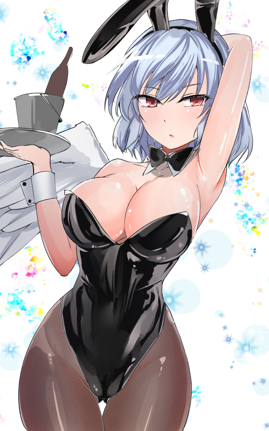 1girl alcohol animal_ears armpits bare_arms bare_shoulders blush bow bowtie breasts cameltoe cleavage highres kishin_sagume lips looking_at_viewer one-hour_drawing_challenge pantyhose playboy_bunny rabbit_ears shiny_skin single_wing solo thighs touhou white_hair wings y2