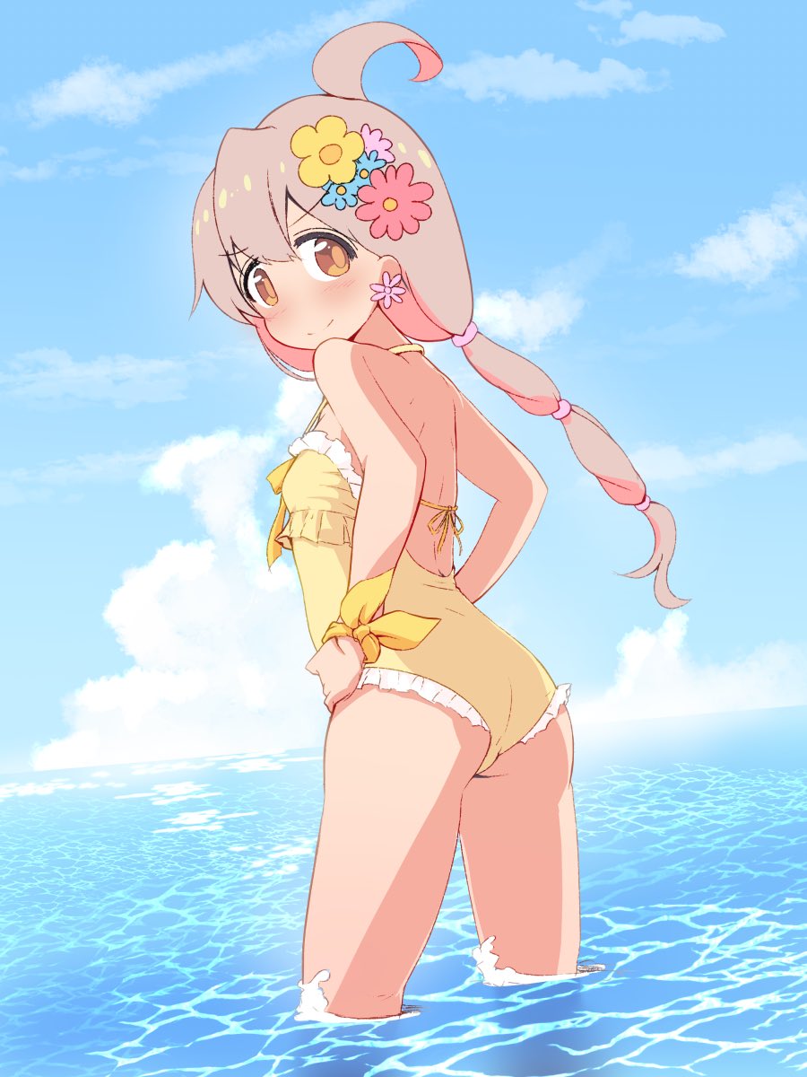 1girl ahoge ass backless_swimsuit bare_arms bare_legs bare_shoulders blue_sky blush breasts brown_eyes cloud commentary day earrings flower flower_earrings frilled_one-piece_swimsuit frills from_behind hair_between_eyes hair_flower hair_ornament hands_on_own_hips highres jewelry long_hair looking_at_viewer looking_back one-piece_swimsuit onii-chan_wa_oshimai! outdoors oyama_mahiro pink_hair sky small_breasts smile solo swimsuit unkimo wading water yellow_one-piece_swimsuit
