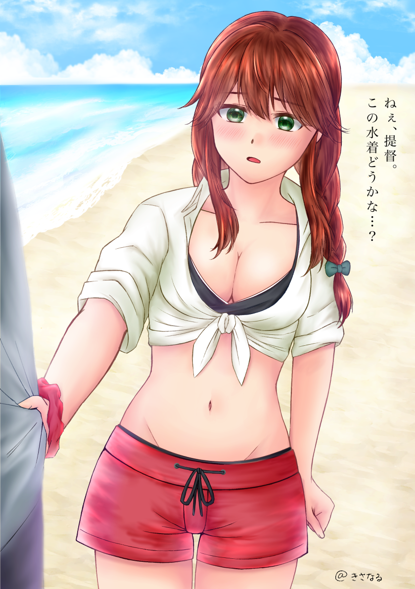 1girl 1other beach bikini bikini_under_clothes black_bikini blue_sky braid breasts brown_hair cleavage clothes_tug cloud collared_shirt commentary_request day dress_shirt green_eyes horizon kantai_collection kisa_nal large_breasts long_hair midriff noshiro_(kancolle) ocean official_alternate_costume outdoors red_scrunchie red_shorts scrunchie shirt shorts sky swept_bangs swimsuit swimsuit_under_clothes tied_shirt translation_request twin_braids white_shirt wrist_scrunchie