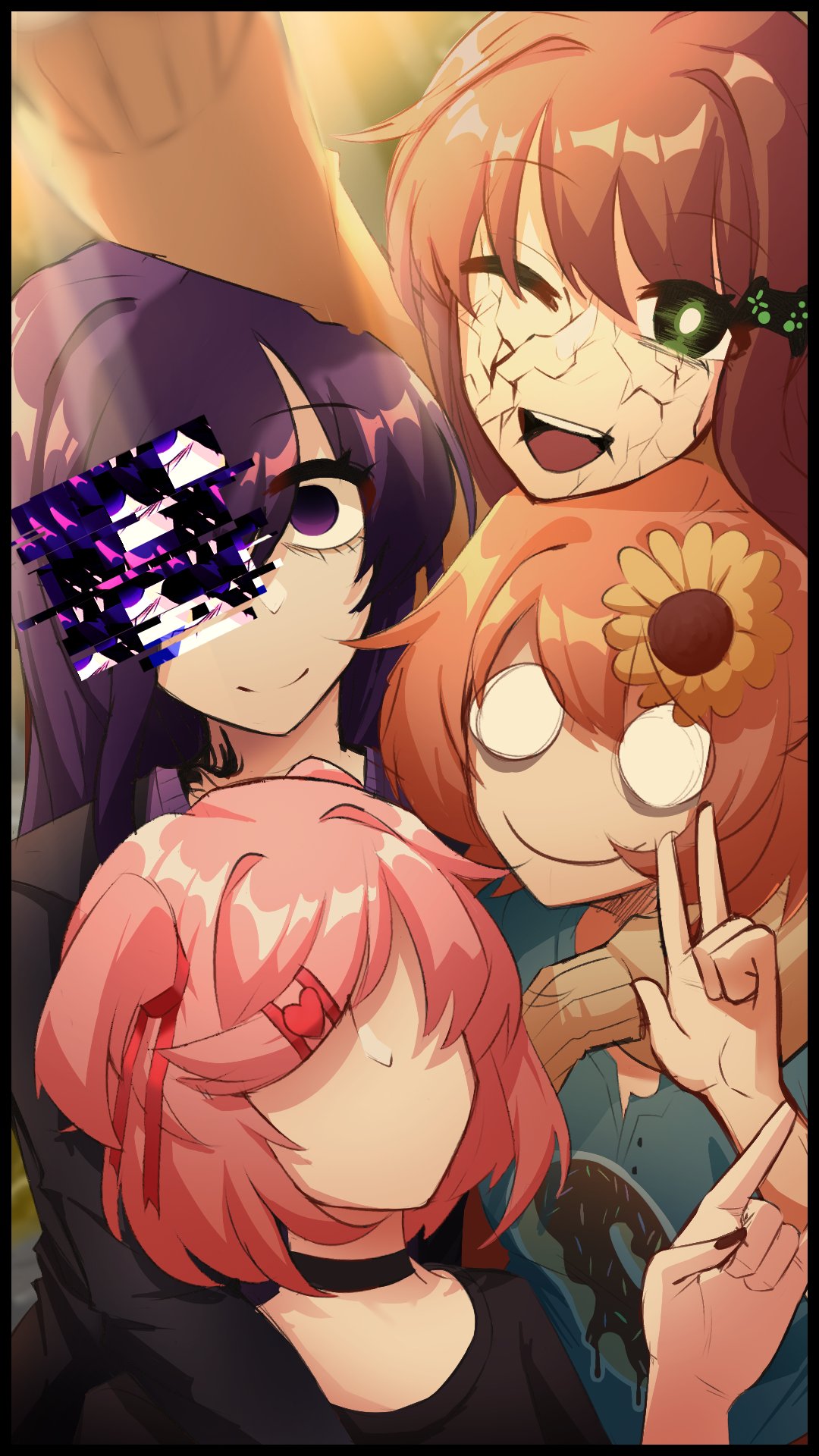 4girls :d :o black_border black_choker black_nails border broken_skin brown_hair choker closed_mouth cracked_skin doki_doki_literature_club doughnut faceless faceless_female food food_print glitch glowing glowing_eyes hair_ornament hand_up heart heart_hair_ornament highres long_hair looking_at_viewer monika_(doki_doki_literature_club) multiple_girls nail_polish natsuki_(doki_doki_literature_club) purple_hair quinn_(quinnisoffline) sayori_(doki_doki_literature_club) smile teeth upper_teeth_only v yuri_(doki_doki_literature_club)