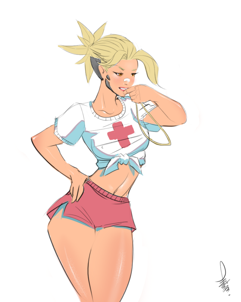 bandaid bandaid_on_nose bare_legs blonde_hair breasts brown_eyes commentary covered_nipples front-tie_top hand_on_hip high_ponytail lifeguard medium_breasts mercy_(overwatch) midriff navel overwatch philip_bawasanta ponytail red_cross short_hair short_shorts shorts sketch solo whistle