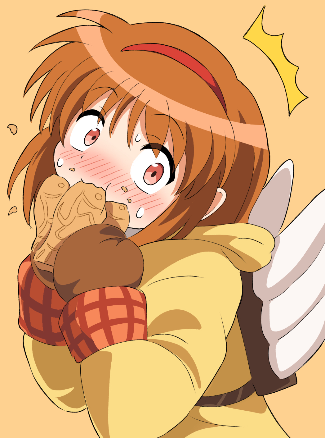 1girl :t ^^^ angel_wings backpack bag brown_hair brown_mittens caught closed_mouth coat commentary eating embarrassed fake_wings food food_on_face from_side hairband hands_up highres holding holding_food hood hood_down kanon looking_at_viewer medium_hair mittens orange_background pussy red_eyes red_hairband silky_(silky_illust) simple_background solo surprised sweatdrop taiyaki tareme tsukimiya_ayu upper_body wagashi white_wings wide-eyed wings yellow_coat