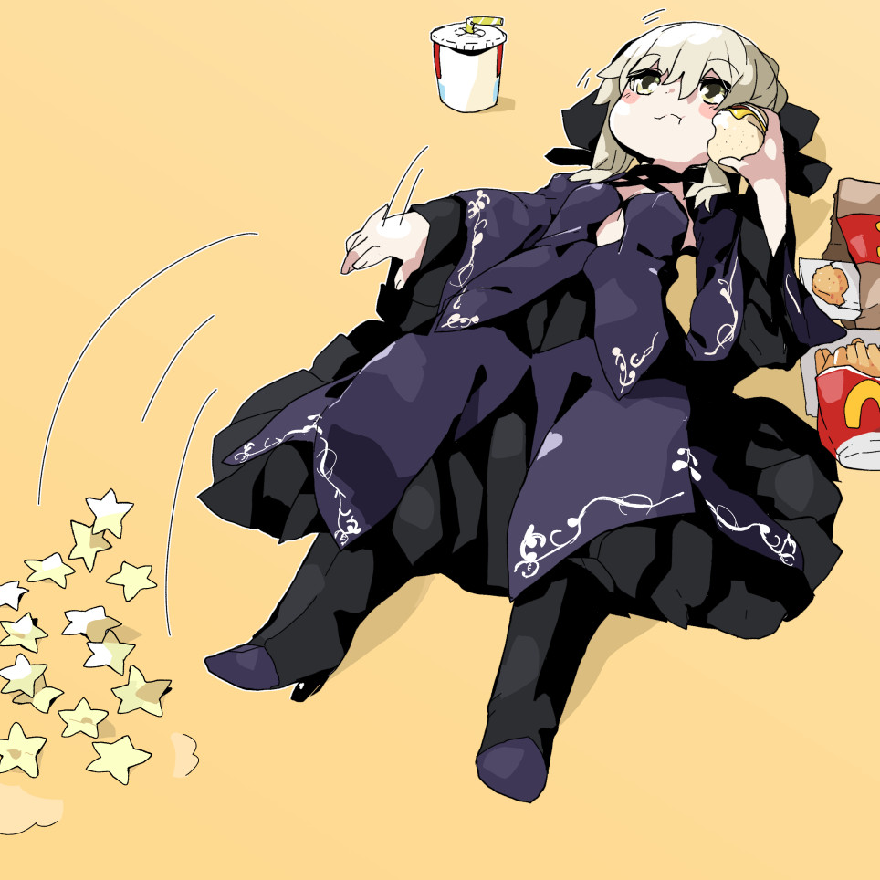 1girl artoria_pendragon_(fate) bag black_dress black_footwear blonde_hair blush_stickers boots breasts closed_mouth clothing_cutout commentary_request cup detached_sleeves disposable_cup dress drink eating egg_sandwich fate/grand_order fate_(series) food french_fries full_body hash_browns high_heel_boots high_heels long_sleeves looking_up lying mcdonald's mossgreen motion_lines on_back paper_bag saber_alter sidelocks simple_background sleeveless sleeveless_dress small_breasts solo star_(symbol) stomach_cutout throwing wavy_mouth wide_sleeves yellow_background yellow_eyes
