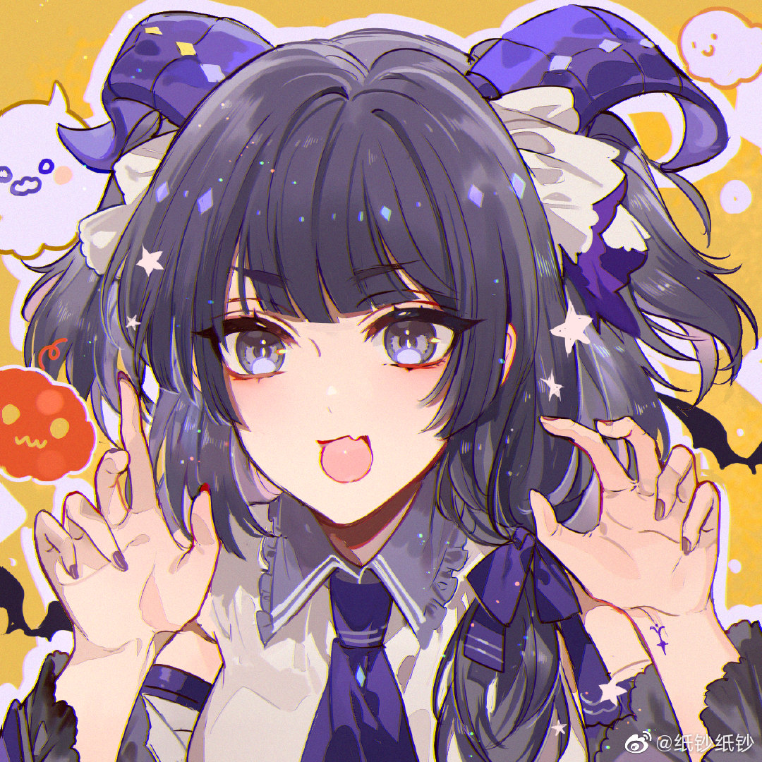 1girl :d bat_(animal) black_hair black_sleeves blunt_bangs brown_nails chinese_commentary claw_pose collared_shirt demon_girl demon_horns detached_sleeves english_commentary fang ghost hair_ribbon halloween heroine_(lovebrush_chronicles) horns long_hair long_sleeves lovebrush_chronicles mixed-language_commentary multicolored_nails nail_polish necktie nevakuma_(fanfanas) outline purple_eyes purple_horns purple_nails purple_necktie purple_ribbon ribbon shirt skin_fang sleeveless sleeveless_shirt smile solo star_(symbol) tress_ribbon two_side_up upper_body weibo_logo weibo_username white_outline white_shirt yellow_background