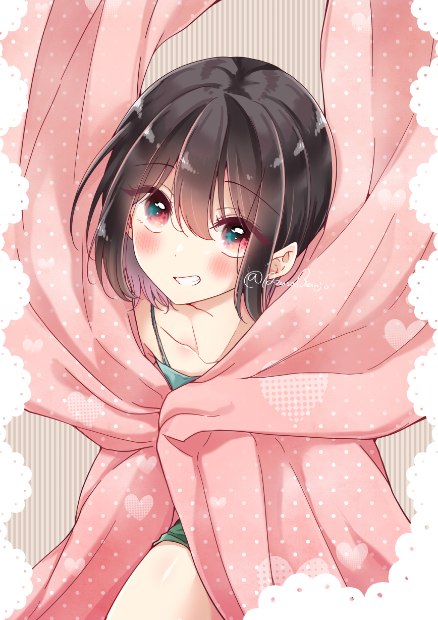 1boy banjou_azusa black_hair blanket blush crossdressing hair_between_eyes highres koisuru_(otome)_no_tsukurikata looking_at_viewer male_focus mihate_hiura open_mouth otoko_no_ko pink_eyes short_hair signature simple_background smile solo under_covers