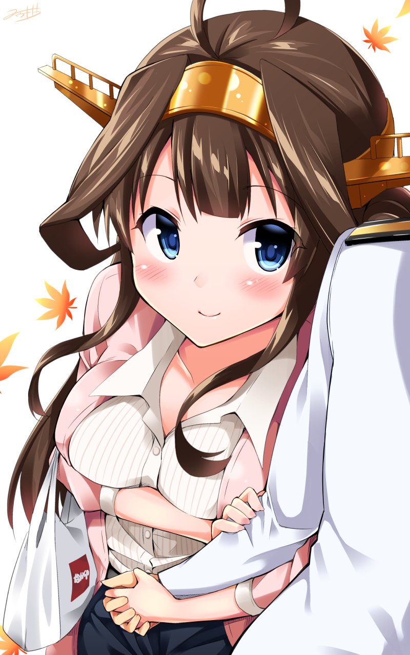 1girl admiral_(kantai_collection) ahoge alternate_costume arm_holding bag belt blue_eyes blush breasts brown_hair casual collarbone commentary_request denim double_bun eyebrows eyebrows_visible_through_hair hand_on_another's_arm headgear highres holding_hands jacket jeans kantai_collection kongou_(kantai_collection) long_hair medium_breasts nakau pants pink_jacket plastic_bag shirt simple_background skirt smile white_background white_shirt yuuki_hb