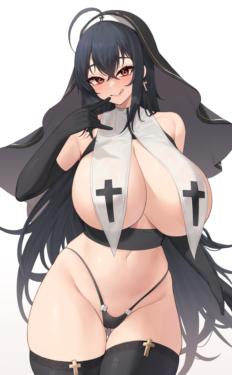 1girl :q ahoge azur_lane bare_shoulders black_gloves black_hair black_panties black_thighhighs breast_curtains breasts cowboy_shot elbow_gloves gloves groin hairband head_tilt highres huge_breasts kuavera long_hair navel panties red_eyes sidelocks simple_background solo standing stomach taihou_(azur_lane) thighhighs thighs tongue tongue_out underwear veil very_long_hair white_background white_hairband