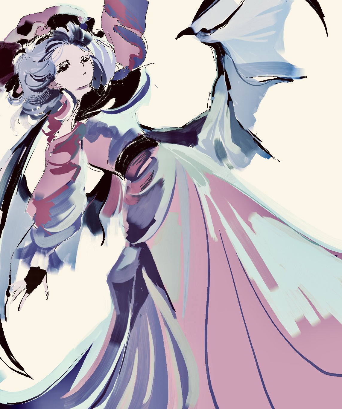 1girl alternate_costume arm_up ascot bare_shoulders bat_wings black_ascot black_gloves blue_hair dress dutch_angle fingerless_gloves full_body full_lake gloves highres long_dress looking_afar looking_ahead no_sclera painterly parted_lips pink_dress pink_headwear remilia_scarlet short_hair simple_background sketch solo touhou waist_sash wings yellow_background