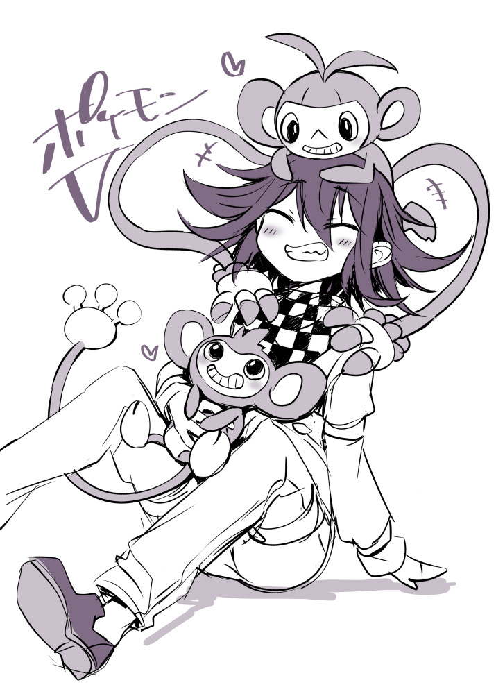 1boy aipom ambipom blush checkered_clothes checkered_scarf crossover danganronpa_(series) danganronpa_v3:_killing_harmony flipped_hair grin happy heart knees_up kuchi_~ie male_focus oma_kokichi pokemon pokemon_(creature) purple_hair scarf short_hair sitting smile straitjacket thigh_strap white_background