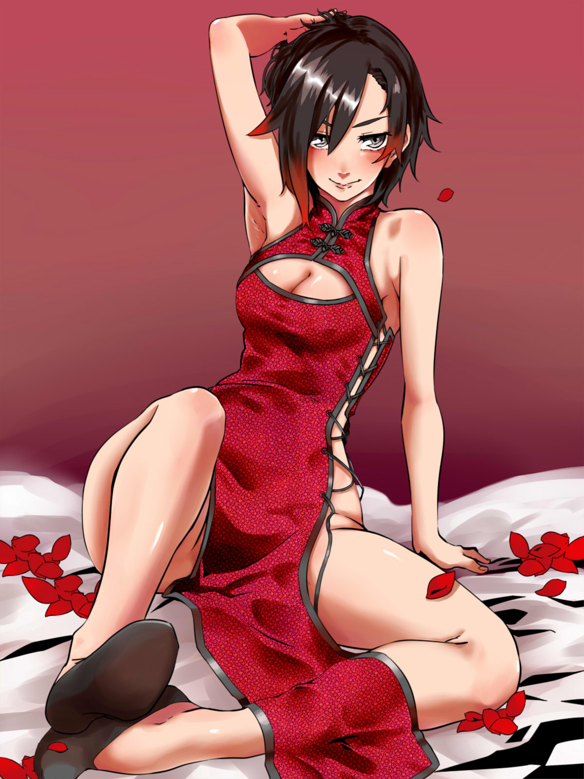1girl arm_behind_head arm_support armpits bare_shoulders black_footwear black_hair blush breasts china_dress chinese_clothes cleavage cleavage_cutout clothing_cutout commentary covered_nipples dress facing_viewer floral_print full_body grey_eyes highres legs medium_breasts medium_hair multicolored_hair no_panties petals red_dress red_hair rose_petals ruby_rose rwby short_hair shure_(rainround) sitting sleeve_cuffs small_breasts solo streaked_hair thighs
