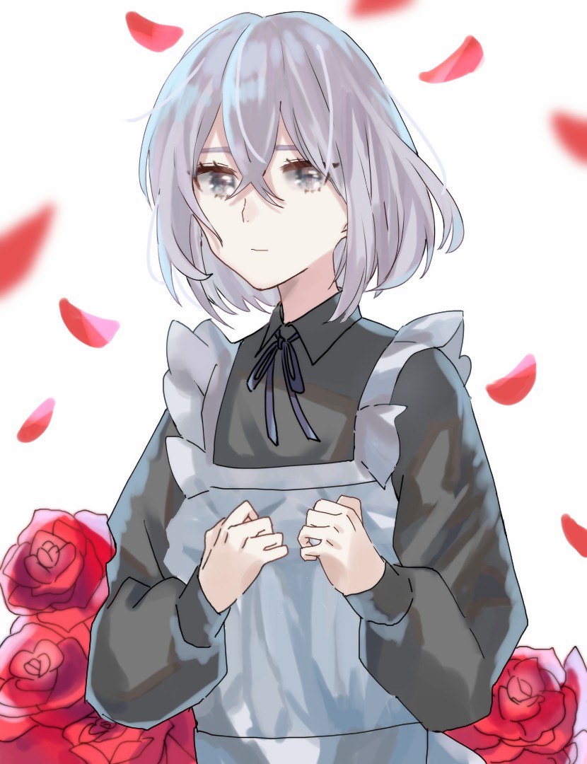 1boy androgynous apron black_ribbon bob_cut closed_mouth collared_shirt crossdressing crossed_bangs expressionless falling_petals flower grey_apron grey_eyes grey_hair grey_shirt hair_between_eyes hands_up honebami_toushirou long_sleeves looking_at_viewer maid male_focus medium_hair motion_blur neck_ribbon petals red_flower red_rose ribbon rose shirt solo touken_ranbu ueruko upper_body white_background