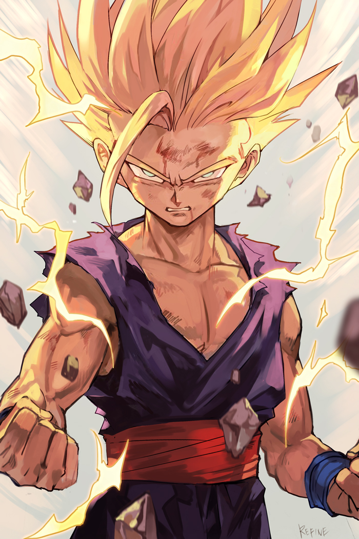 1boy blonde_hair dougi dragon_ball dragon_ball_z electricity floating_rock green_eyes hungry_clicker injury looking_at_viewer medium_hair muscular pants purple_pants purple_shirt shirt solo son_gohan spiked_hair super_saiyan super_saiyan_2