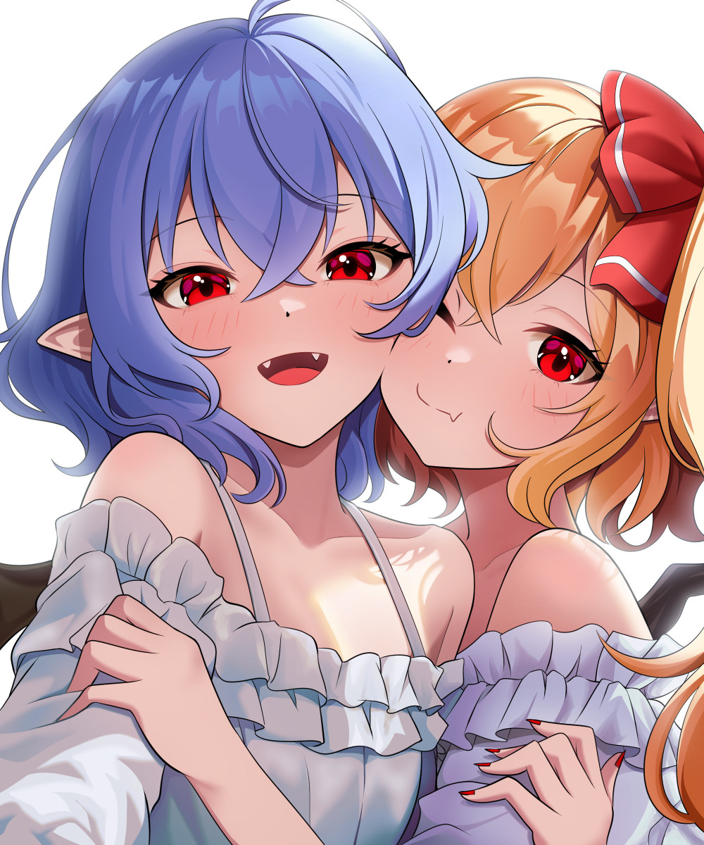 2girls :d ahoge alternate_costume blonde_hair blue_hair blush bow breasts closed_mouth collarbone commentary_request crossed_bangs eyelashes fang fangs flandre_scarlet frilled_shirt frills hair_between_eyes hair_bow hand_on_another's_arm happy heads_together highres hug kisaragi_koushi looking_at_viewer medium_hair multiple_girls no_headwear off-shoulder_shirt off_shoulder one_eye_closed open_mouth pointy_ears red_bow red_eyes red_nails remilia_scarlet shirt siblings sidelighting simple_background sisters skin_fang small_breasts smile split_mouth touhou tsurime upper_body white_background white_shirt