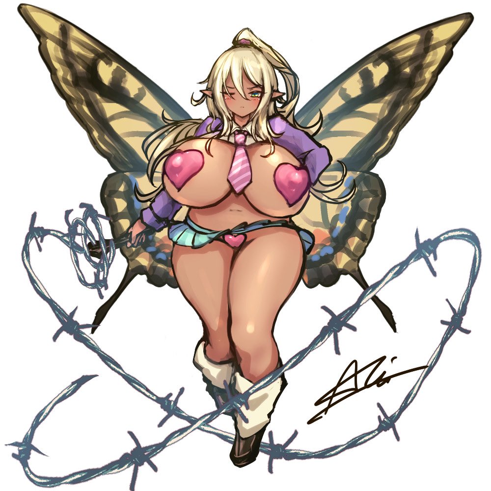 1girl aki_(oekaki_akichan) barbed_wire between_breasts blonde_hair blush breasts butterfly_wings covered_nipples fairy green_eyes gyaru heart_maebari heart_pasties huge_breasts insect_wings leg_warmers long_hair long_pointy_ears maebari microskirt navel necktie necktie_between_breasts one_eye_closed original pasties pink_necktie plump pointy_ears ponytail shortstack shrug_(clothing) signature simple_background skirt solo thick_thighs thighs white_background wide_hips wings