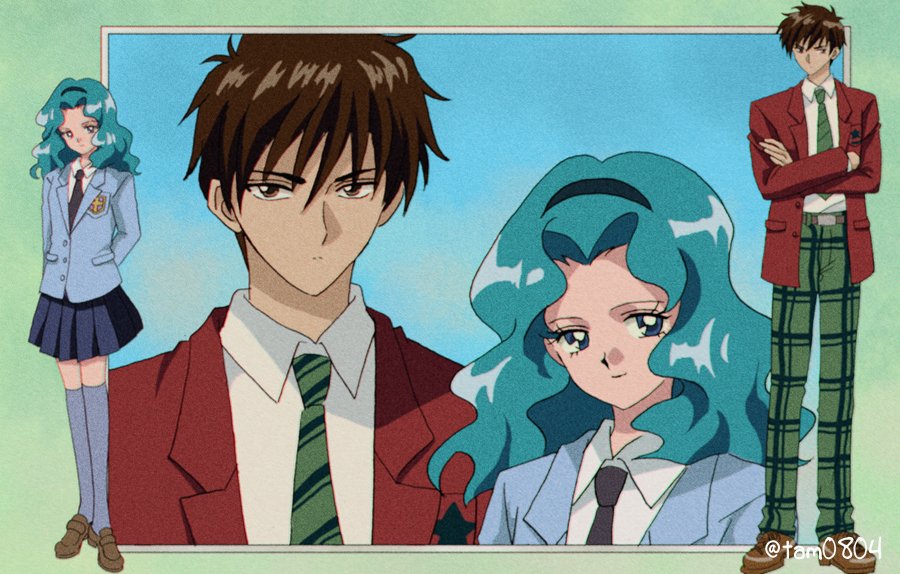 1boy 1girl aqua_hair arms_behind_back artist_name bishoujo_senshi_sailor_moon blue_background blue_hairband blue_jacket blue_necktie blue_skirt blue_socks border brown_footwear brown_hair cardcaptor_sakura cosplay costume_switch crossed_arms crossover diagonal-striped_clothes diagonal-striped_necktie green_border green_necktie green_pants hairband jacket kaiou_michiru kinomoto_touya kneehighs loafers long_hair looking_at_viewer mugen_gakuen_school_uniform multiple_views necktie outside_border pants plaid plaid_pants pleated_skirt red_jacket school_uniform shirt shoes short_hair skirt socks standing striped_clothes tam_(tam0804) tomoeda_high_school_uniform upper_body white_shirt