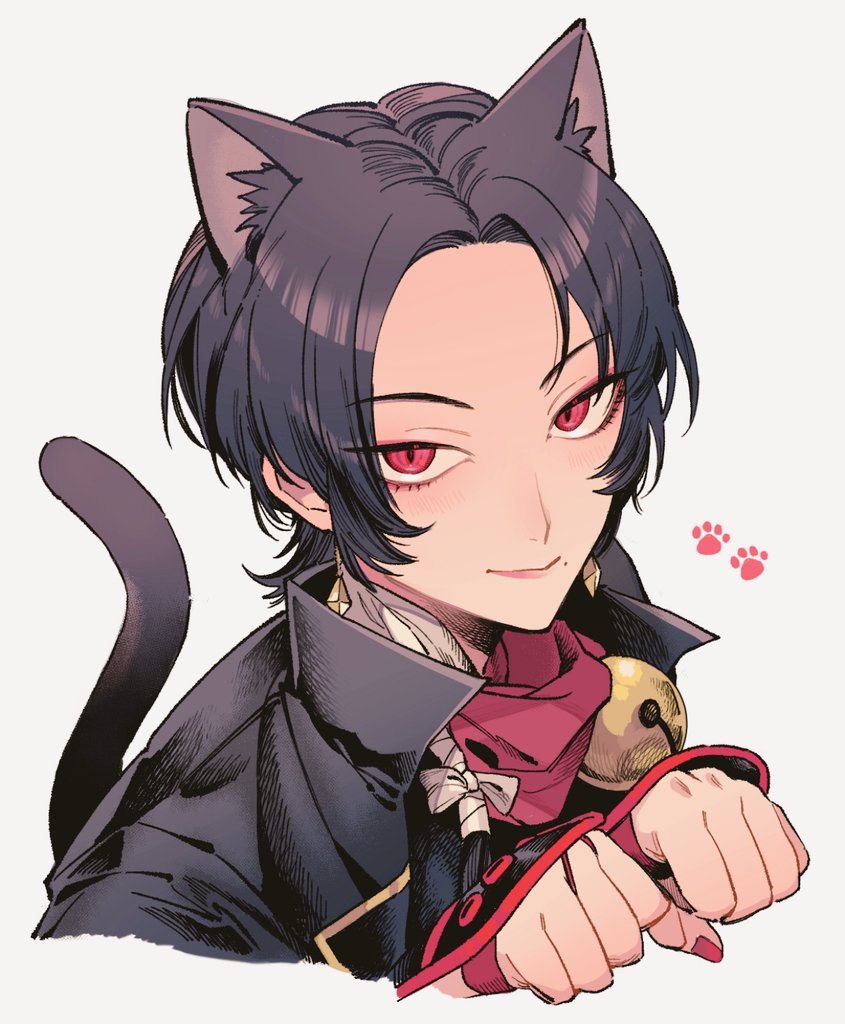 animal_ears bell black_hair cat cat_boy cat_ears cat_tail kashuu_kiyomitsu mmm_ma_pmpm red_eyes smile tail touken_ranbu white_background