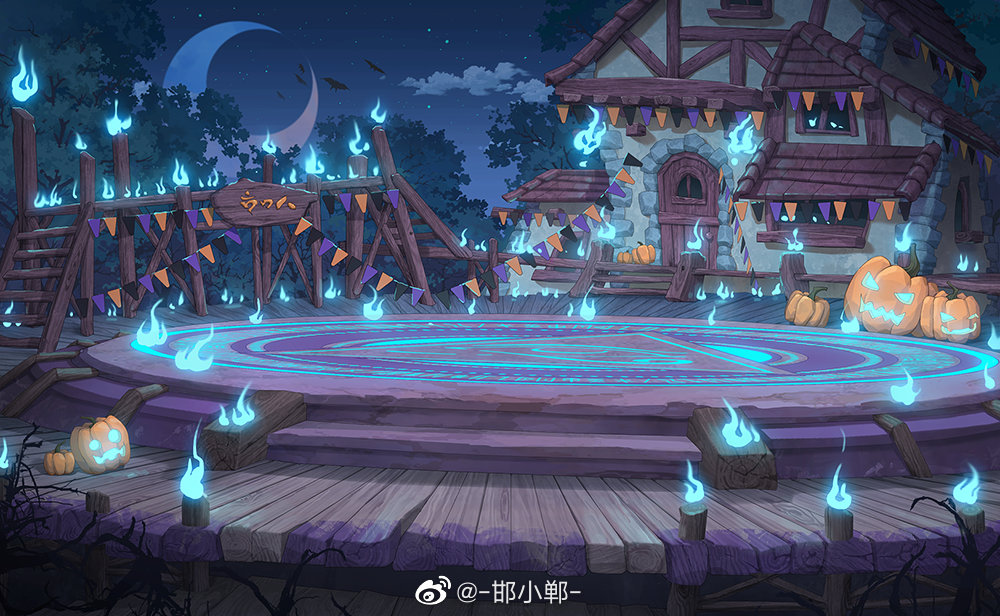 blue_fire candle cloud crescent_moon fire halloween hanxiaodan house jack-o'-lantern lovebrush_chronicles magic_circle moon night no_humans official_art outdoors pedestal pumpkin scenery sky stairs star_(sky) starry_sky string_of_flags tree weibo_logo weibo_username wooden_floor
