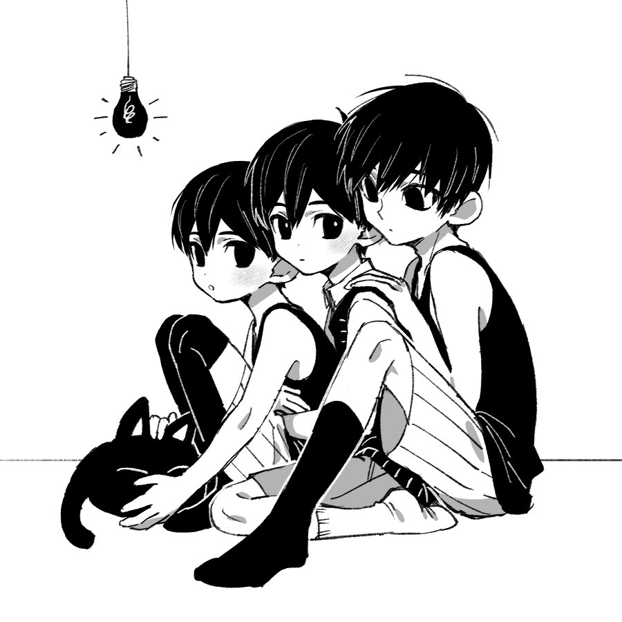 3boys between_legs cat collared_shirt commentary_request expressionless from_side front-to-back full_body greyscale hand_on_another's_shoulder kneehighs knees_up light_bulb male_focus mewo monochrome multiple_boys multiple_persona no_shoes omori omori_(omori) shirt short_hair shorts simple_background sitting socks striped_clothes striped_shorts sunny_(omori) tank_top thighhighs toastytoast wariza white_background