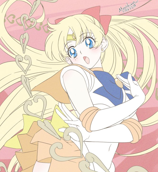 1girl aino_minako back_bow bishoujo_senshi_sailor_moon blonde_hair blue_bow blue_bowtie blue_eyes bow bowtie chain circlet commentary dated earrings elbow_gloves gloves hair_bow jewelry long_hair looking_to_the_side magical_girl morishima_noriko_(noriko_mrsm) open_mouth orange_sailor_collar orange_skirt pleated_skirt red_background red_bow sailor_collar sailor_senshi sailor_senshi_uniform sailor_venus signature skirt solo symbol-only_commentary white_gloves yellow_bow