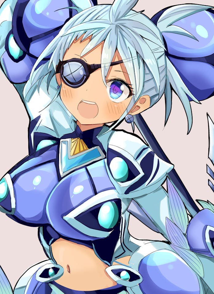 1girl :d arm_up azukimame blue_eyes blue_hair breasts earrings eyepatch grey_background holding holding_polearm holding_weapon impossible_clothes jewelry large_breasts looking_at_viewer navel open_mouth polearm praxis_(xenoblade) simple_background smile solo stomach teeth upper_body upper_teeth_only weapon xenoblade_chronicles_(series) xenoblade_chronicles_2