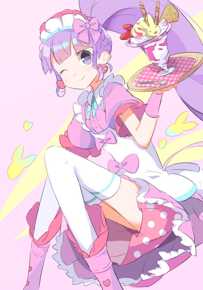 1girl bad_id bad_twitter_id blunt_bangs boots bow closed_mouth dress feet_out_of_frame hand_up holding holding_tray knees_up long_hair looking_at_viewer maid_headdress manaka_non one_eye_closed parfait pink_background pink_bow pink_dress pink_footwear pretty_series pripara puffy_short_sleeves puffy_sleeves purple_eyes purple_hair short_sleeves side_ponytail sitting smile solo spoon thighhighs tray tulaca_(pixiv) very_long_hair white_thighhighs