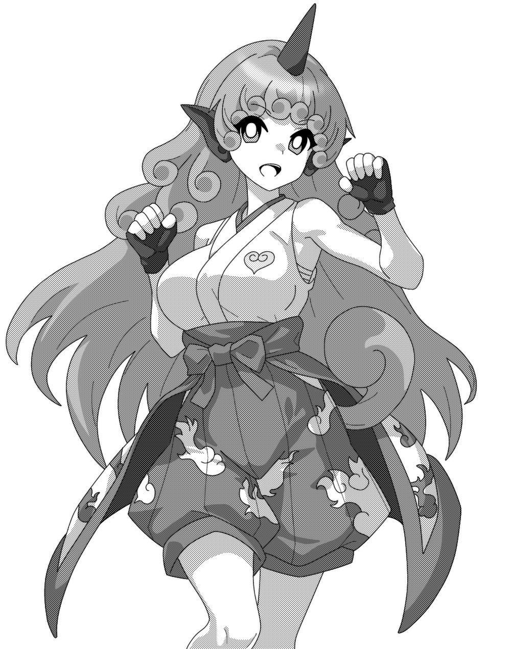 1girl alternate_costume bare_shoulders breasts commentary_request cowboy_shot fingerless_gloves gloves greyscale hands_up highres horns jacket komano_aunn leg_up long_hair looking_at_viewer monochrome onkn_sxkn open_mouth print_jacket print_shorts puffy_shorts sarashi shorts simple_background single_horn solo teeth tied_jacket touhou upper_teeth_only wavy_hair white_background