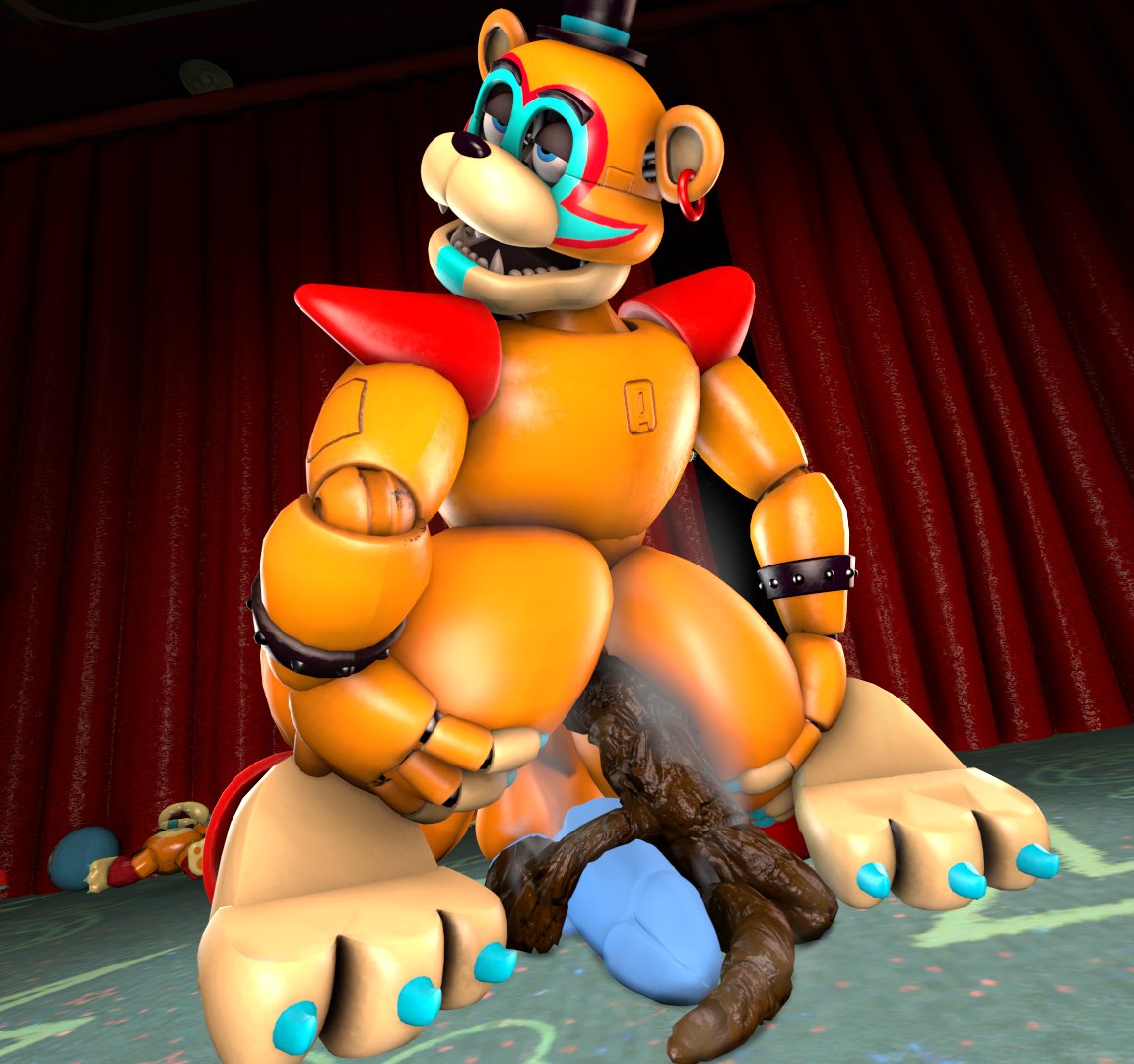 2023 big_butt bonfiebutt bubble_butt butt dildo eye_roll feces feces_on_dildo five_nights_at_freddy's five_nights_at_freddy's:_security_breach glamrock_freddy holding_butt holding_own_butt looking_pleasured male red_curtains scat scottgames sex_toy solo stage stage_curtains steam steel_wool_studios