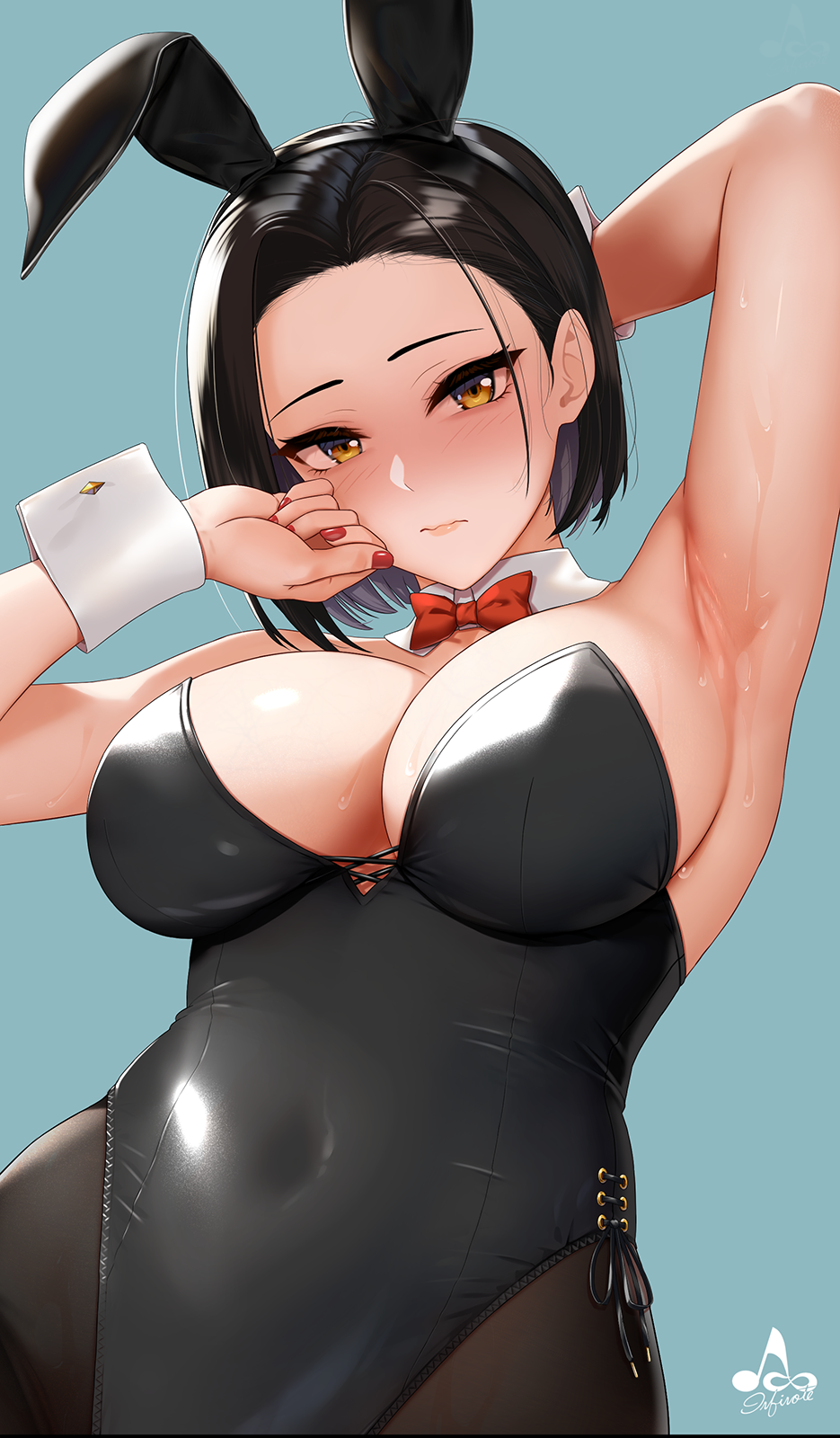 1girl animal_ears arm_up armpits bare_arms bare_shoulders black_hair black_leotard black_pantyhose blue_background blush bow bowtie breasts closed_mouth commentary_request detached_collar fake_animal_ears highleg highleg_leotard highres infinote large_breasts leotard looking_at_viewer nail_polish original pantyhose playboy_bunny rabbit_ears red_bow red_bowtie red_nails short_hair simple_background solo wrist_cuffs yashiki_yuuko yellow_eyes