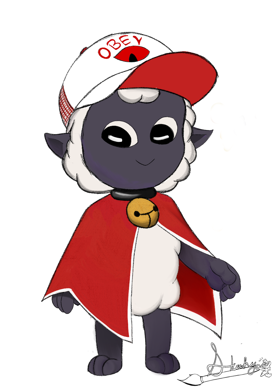 :&gt; ambiguous_gender anthro bell bell_collar big_hat biped black_ears black_eyes bovid caprine chibi cloak clothed clothing collar colored cult_of_the_lamb digital_media_(artwork) english_text front_view full-length_portrait fully_clothed fur grey_background grey_body grey_skin hat headgear headwear hi_res horizontal_pupils humor lamb_(cult_of_the_lamb) looking_at_viewer mammal massive_monster_(studio) meme portrait pupils red_cloak red_clothing red_crown_(cult_of_the_lamb) sheep simple_background sketchyartist smile solo standing text text_on_clothing text_on_hat text_on_headwear trucker_hat white_body white_fur white_pupils wool_(fur)