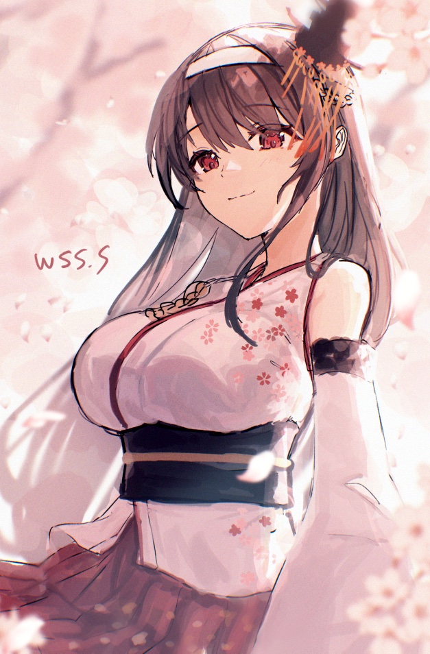 1girl artist_name black_hair branch detached_sleeves fusou_(kancolle) fusou_kai_ni_(kancolle) hair_ornament hairband headgear kantai_collection long_hair nontraditional_miko one-hour_drawing_challenge pleated_skirt red_eyes red_skirt skirt solo upper_body white_hairband wss_(nicoseiga19993411)
