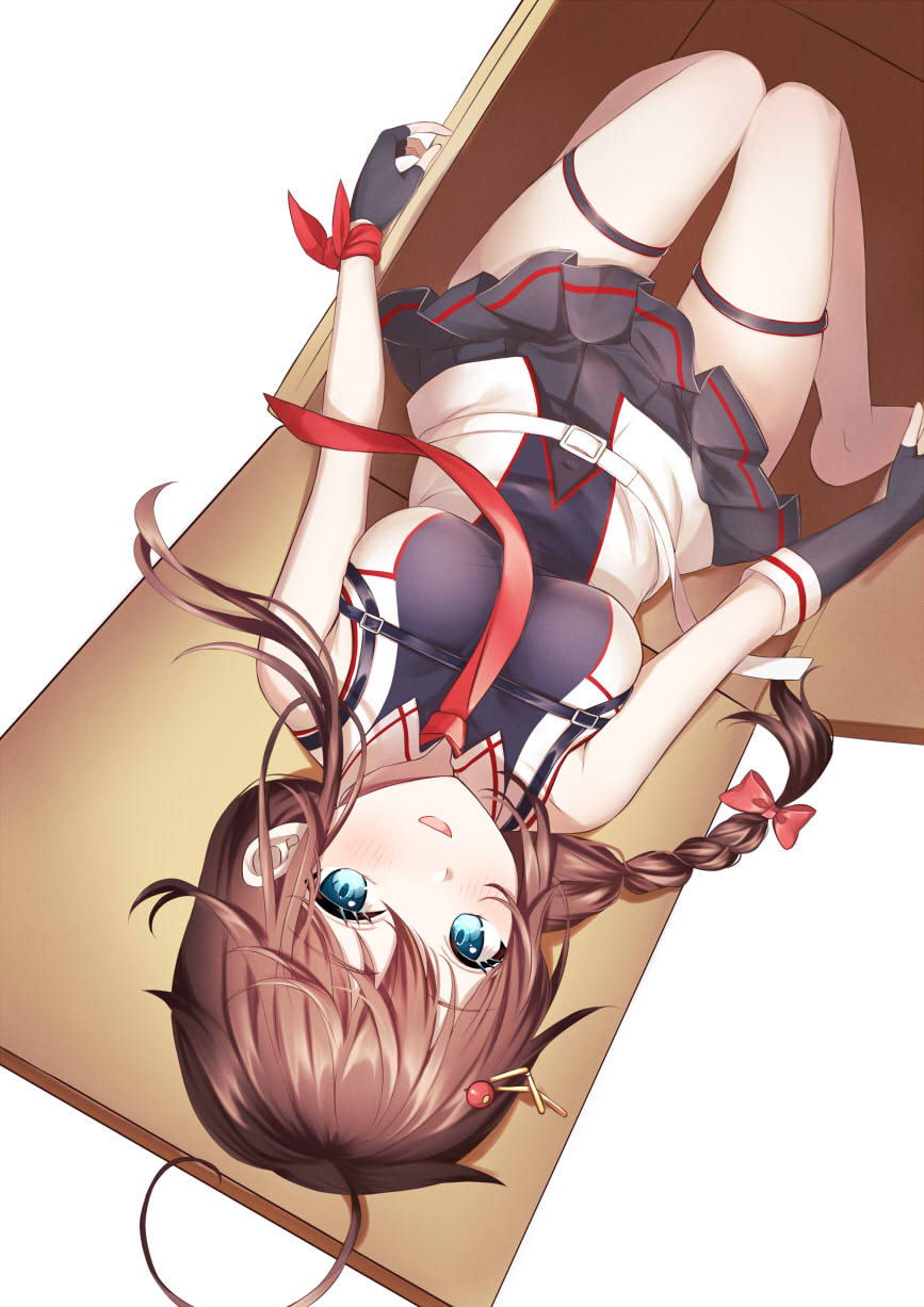 1girl ahoge bare_legs barefoot black_gloves black_skirt blue_eyes box braid breasts brown_hair chest_harness fingerless_gloves gloves hair_between_eyes hair_flaps harness highres in_box in_container kantai_collection long_hair mashiro_aa medium_breasts necktie open_mouth pleated_skirt red_necktie redrawn shigure_(kancolle) shigure_kai_san_(kancolle) simple_background single_braid skirt smile solo white_background