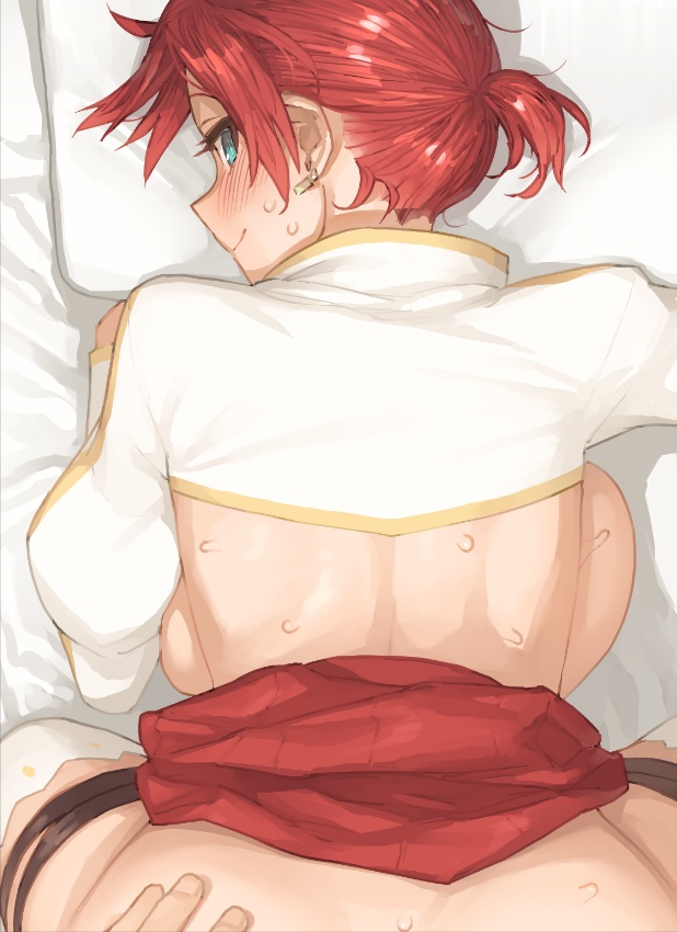 1girl all_fours backboob blush boudica_(fate) breasts closed_mouth clothed_sex clothes_lift commentary cowboy_shot earrings eyelashes fate/grand_order fate_(series) from_above from_behind green_eyes implied_sex jewelry large_breasts looking_at_viewer looking_back on_bed out-of-frame_censoring pillow pov red_hair red_skirt shoe-ji short_hair short_ponytail shrug_(clothing) skirt skirt_lift smile solo_focus sweat thigh_strap thighhighs white_thighhighs