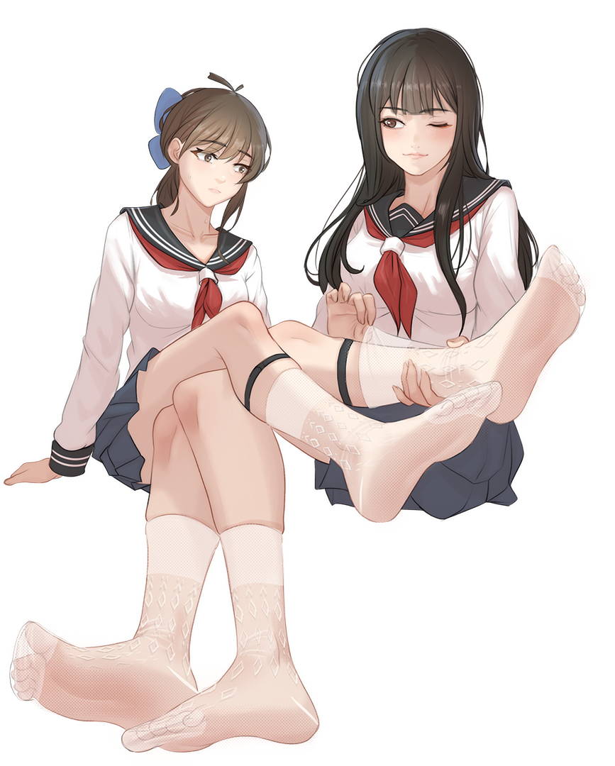 2girls bad_id bad_pixiv_id black_hair blue_bow bow breasts brown_eyes brown_hair closed_mouth cropped_legs crossed_legs feet foot_focus foreshortening ghhoward hair_bow legs long_hair long_sleeves looking_at_another multiple_girls neckerchief no_shoes one_eye_closed original pleated_skirt ponytail red_neckerchief sailor_collar school_uniform see-through_socks serafuku simple_background sitting skirt smile socks soles toes white_background white_socks