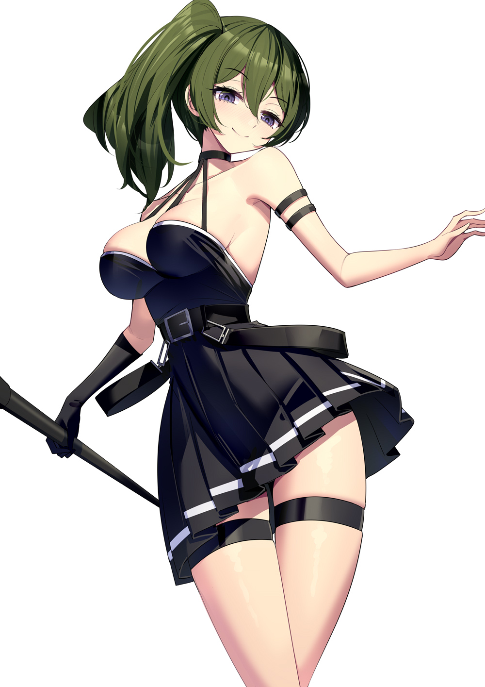 1girl bare_shoulders black_dress breasts closed_mouth dress green_hair highres holding holding_polearm holding_weapon large_breasts looking_at_viewer pleated_dress polearm purple_eyes ririko_(zhuoyandesailaer) simple_background sleeveless sleeveless_dress smile solo sousou_no_frieren ubel_(sousou_no_frieren) upper_body weapon white_background