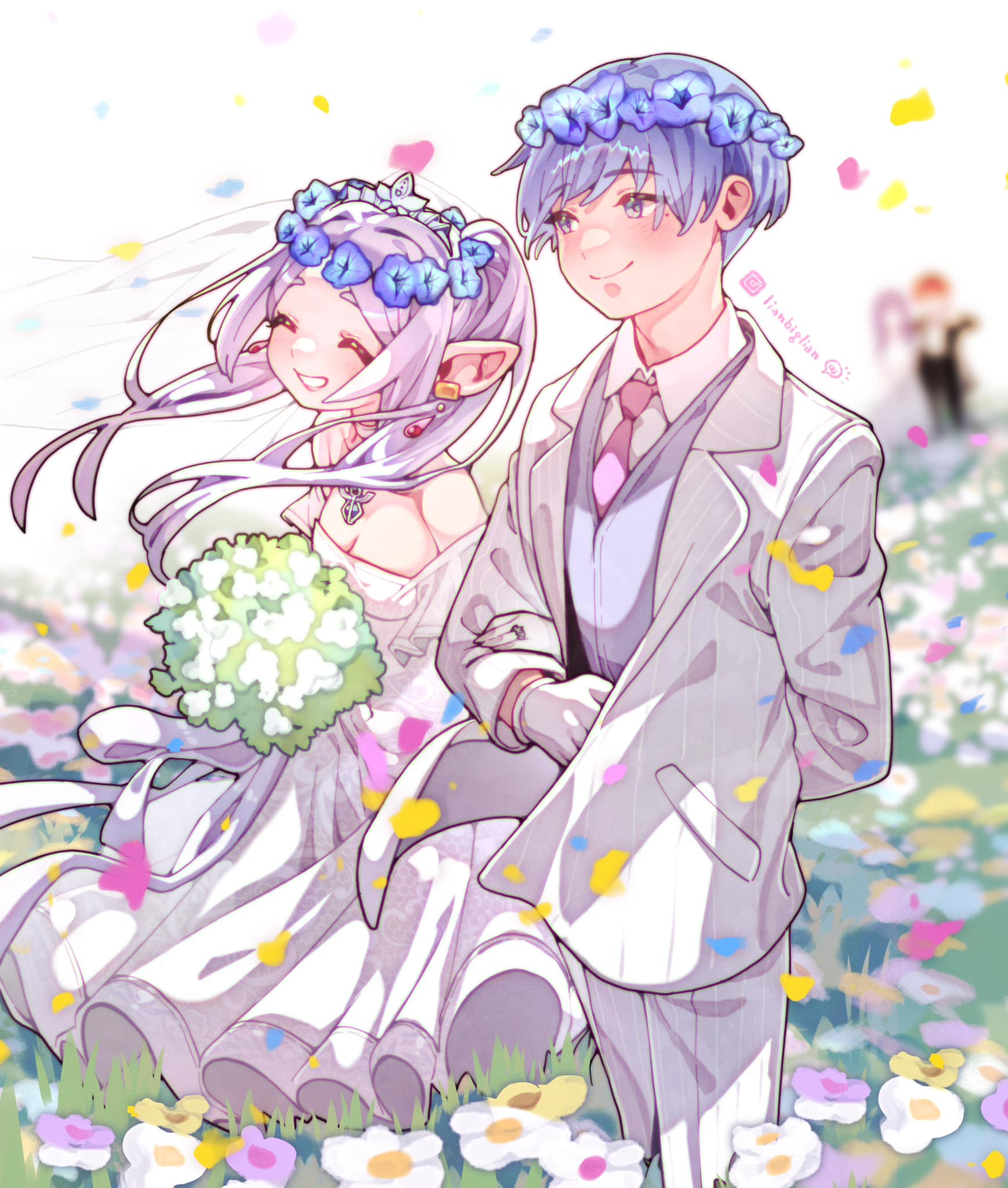 2boys 2girls blue_eyes blue_flower blue_hair bouquet chinese_commentary closed_eyes closed_mouth collared_shirt commentary_request dress earrings elf falling_petals fern_(sousou_no_frieren) floating_hair flower frieren gloves hand_on_another's_arm head_wreath hetero highres himmel_(sousou_no_frieren) holding holding_bouquet husband_and_wife jacket jewelry lianbiglian long_hair mole mole_under_eye multiple_boys multiple_girls necktie open_mouth outdoors pants petals pink_necktie pointy_ears procreate_(medium) purple_vest ring shirt short_hair simple_background smile sousou_no_frieren stark_(sousou_no_frieren) suit suit_jacket twintails twitter_username veil vest waistcoat wedding_dress wedding_ring white_background white_dress white_flower white_gloves white_hair white_jacket white_pants white_shirt white_suit