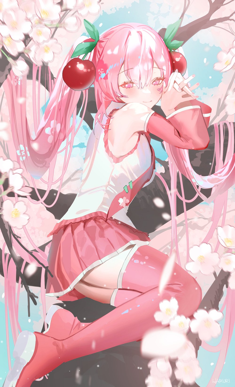 1girl blush boots cherry cherry_blossoms cherry_hair_ornament commentary detached_sleeves flower food food-themed_hair_ornament fruit full_body hair_between_eyes hair_ornament haruri hatsune_miku highres long_hair looking_at_viewer necktie own_hands_together petals pink_eyes pink_footwear pink_hair pink_nails pink_necktie pink_skirt pink_sleeves pink_theme pink_thighhighs sakura_miku shiny_clothes shirt skirt sleeveless smile solo thigh_boots thighhighs tree twintails very_long_hair vocaloid