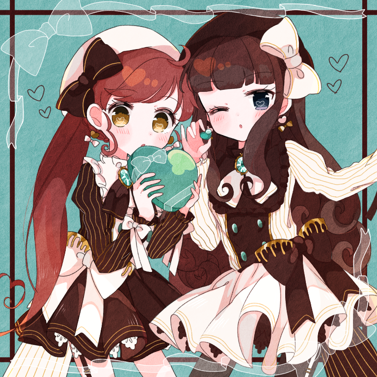 2girls :o beret blue_background blue_eyes blush bow box brown_dress brown_hair brown_hat cowboy_shot dress earrings gift gift_box hair_bow hands_up hat heart heart-shaped_box heart_earrings holding holding_gift jewelry juliet_sleeves kira_(kiratwins) kurosu_aroma long_hair long_sleeves looking_at_viewer multiple_girls one_eye_closed open_mouth pretty_series pripara puffy_sleeves red_hair shiratama_mikan standing third-party_source valentine very_long_hair white_dress white_hat