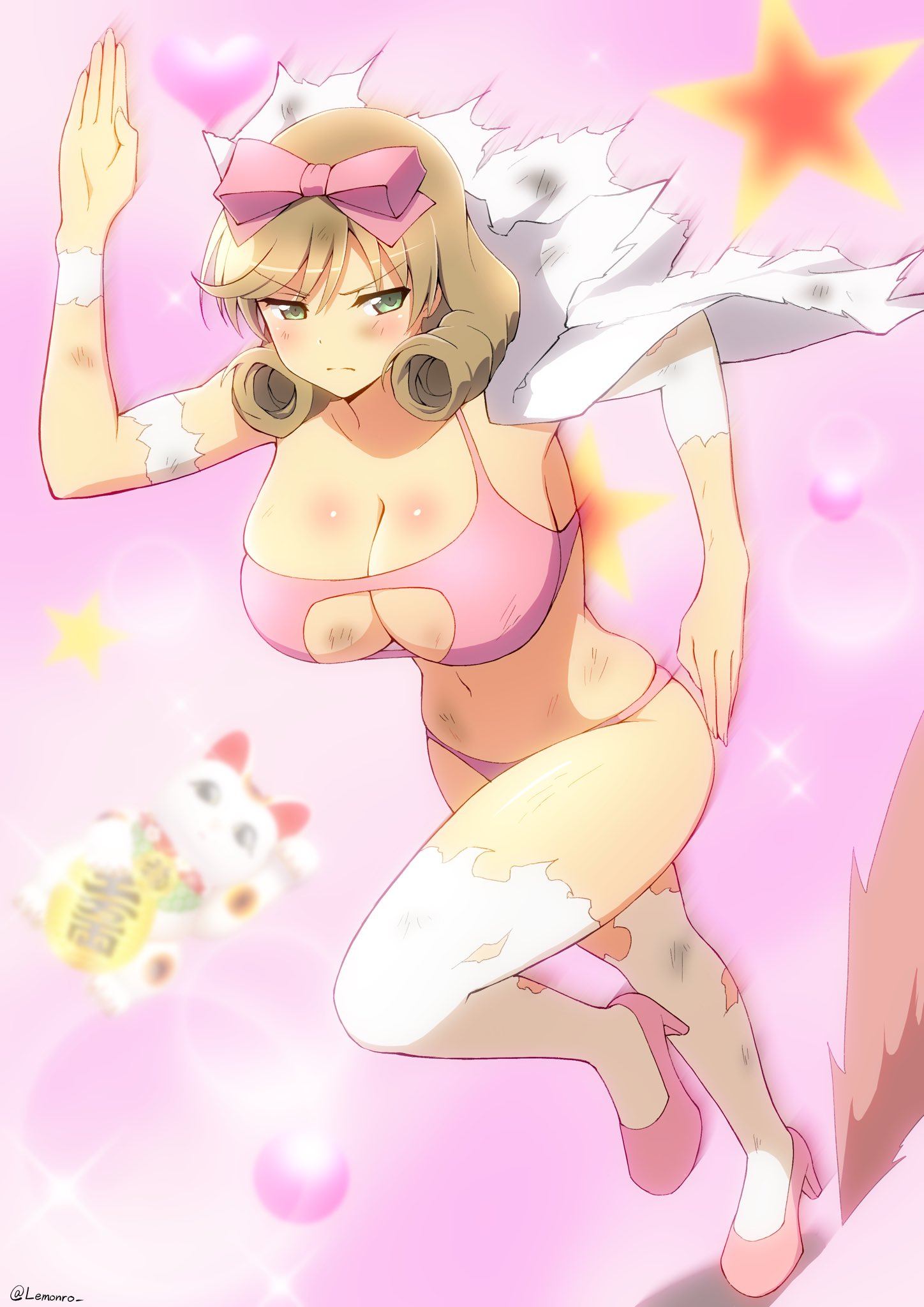 1girl artist_name blush body_blush bow bra breasts bruise bruised_chest calico cleavage closed_mouth coin curly_hair dust_cloud frown full_body gloves gold green_eyes groin hair_bow haruka_(senran_kagura) heart highres huge_breasts injury koban_(gold) lab_coat lemonrou lens_flare light_brown_hair maneki-neko mary_janes navel panties pink_background pink_bow pink_bra pink_footwear pink_panties running senran_kagura senran_kagura_shoujo-tachi_no_shin'ei shiny_skin shoes short_hair skindentation solo sparkle star_(symbol) swept_bangs thighhighs torn_clothes torn_coat torn_gloves torn_sleeves torn_thighhighs twitter_username underwear white_thighhighs