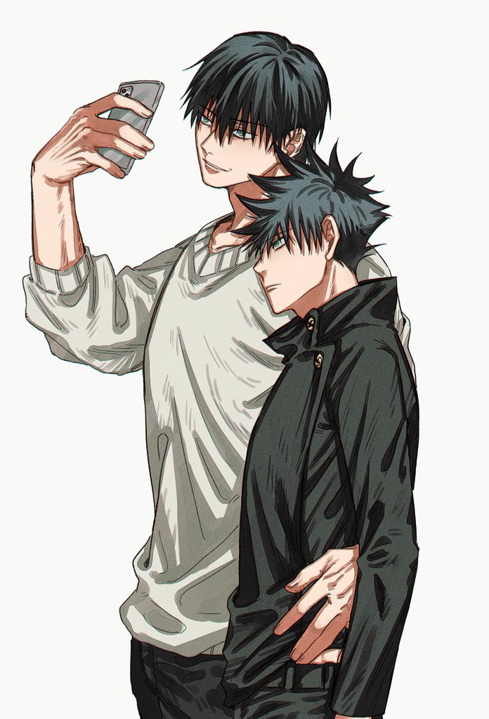 2boys black_hair black_jacket black_pants buttons cellphone closed_mouth commentary_request father_and_son fushiguro_megumi fushiguro_touji fushirun_rung green_eyes hair_between_eyes hand_on_another's_hip holding holding_phone jacket jujutsu_kaisen korean_commentary light_smile long_sleeves looking_at_phone male_focus multiple_boys pants phone scar scar_on_face scar_on_mouth school_uniform selfie short_hair smartphone spiked_hair sweater