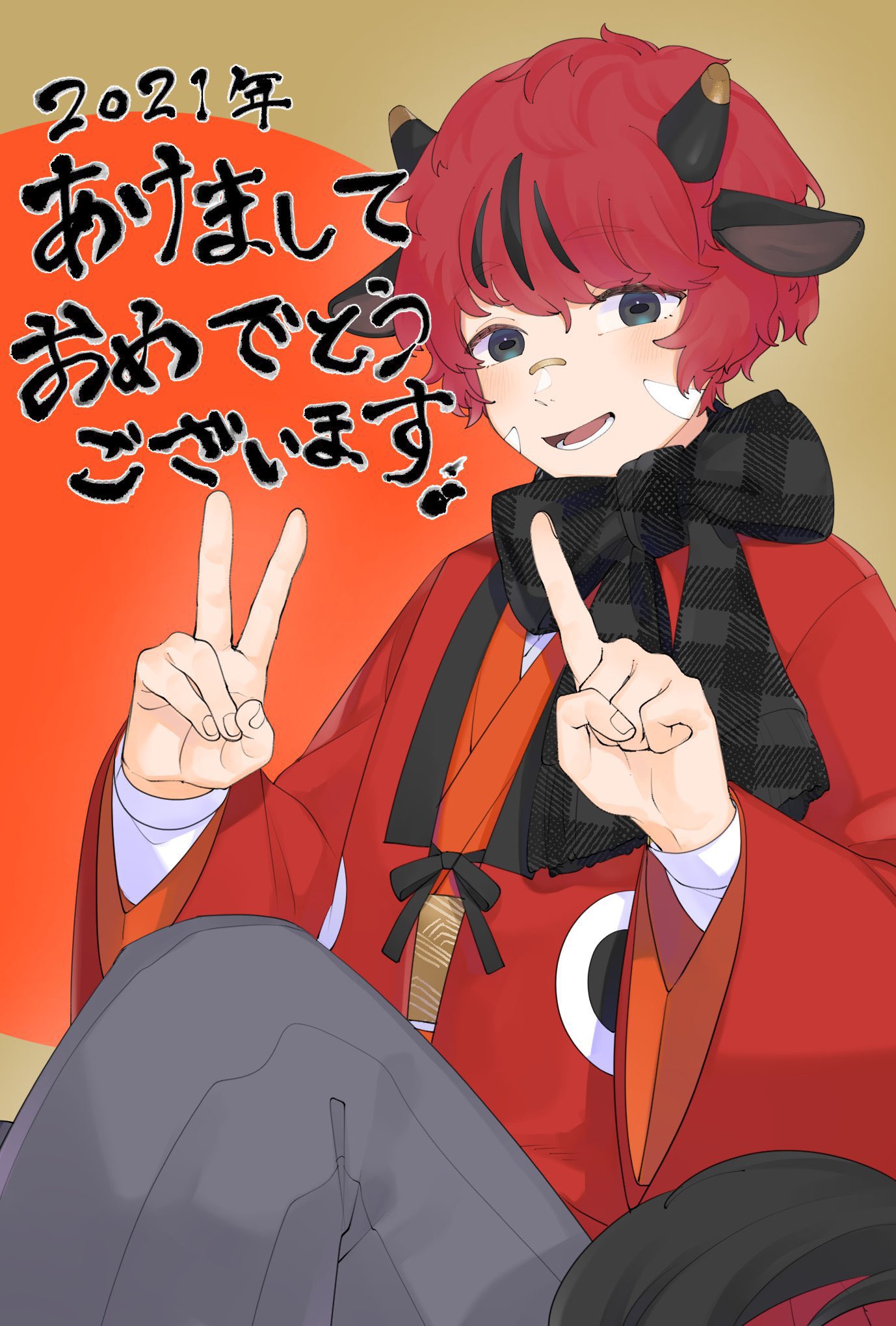 1boy 2021 animal_ears bandaid bandaid_on_face bandaid_on_nose black_eyes black_hair black_horns brown_background chinese_zodiac commentary_request cow_ears cow_horns cow_tail dated fur-tipped_tail grey_pants hakama hakama_pants hands_up highres horns index_finger_raised japanese_clothes long_sleeves looking_at_viewer male_focus multicolored_hair open_mouth orange_background original pants red_eyes rramarukun short_hair sitting solo streaked_hair tail translation_request upper_body v wide_sleeves year_of_the_ox
